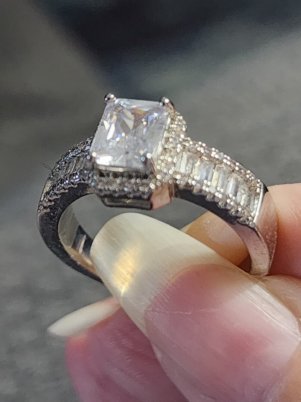 Silvertone Crystal Halo Engagement Ring with Channel Set Crystals - Picture 5 of 9